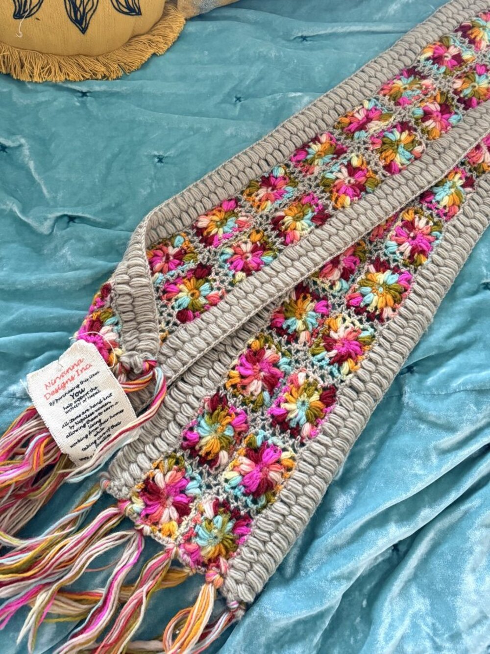 Nirvanna Designs 100% Wool Hand Knit Nepal Crochet Flower Scarf Boho